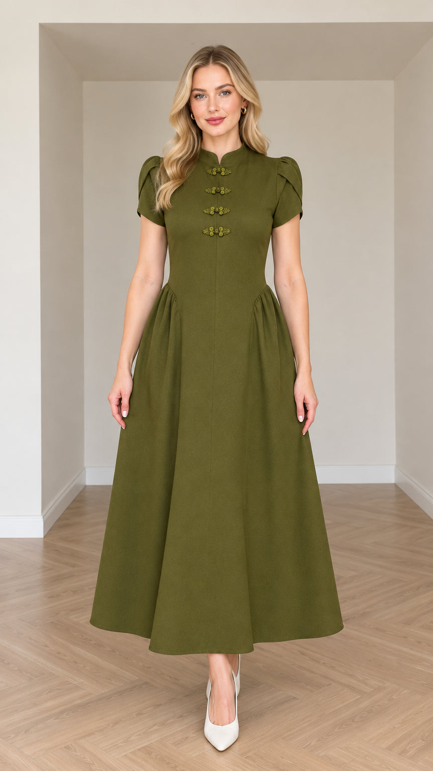 Full front view of woman wearing Olive Green mandarin collar puff sleeve A-line midi dress