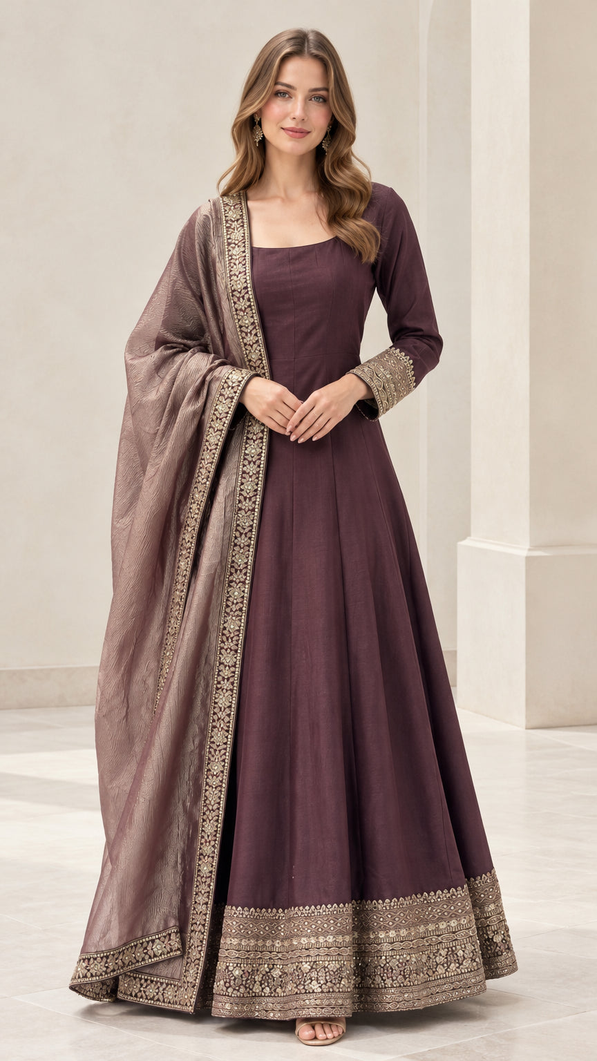 Plum embroidered Anarkali maxi gown with matching dupatta front view