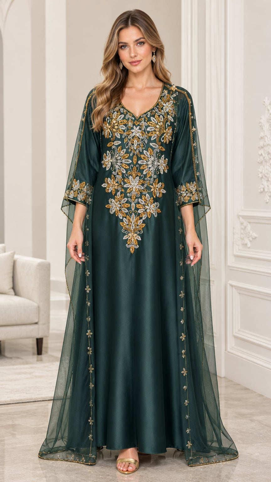 Front view of model wearing Emerald Green embroidered cape kaftan maxi dress