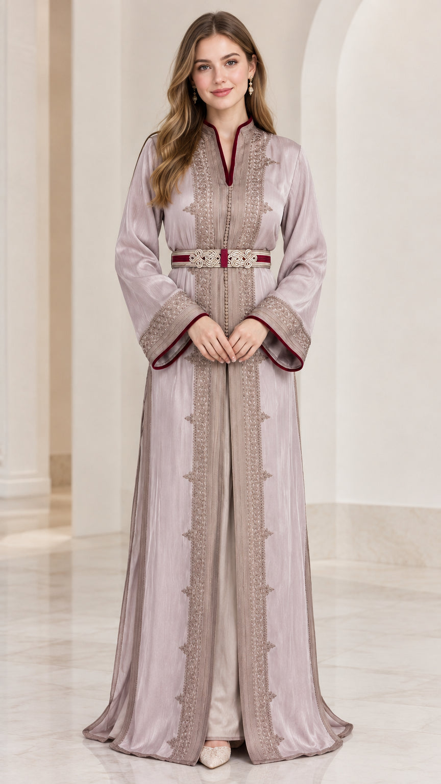 Front view of woman wearing dusty lilac embroidered Moroccan kaftan maxi dress with belt
