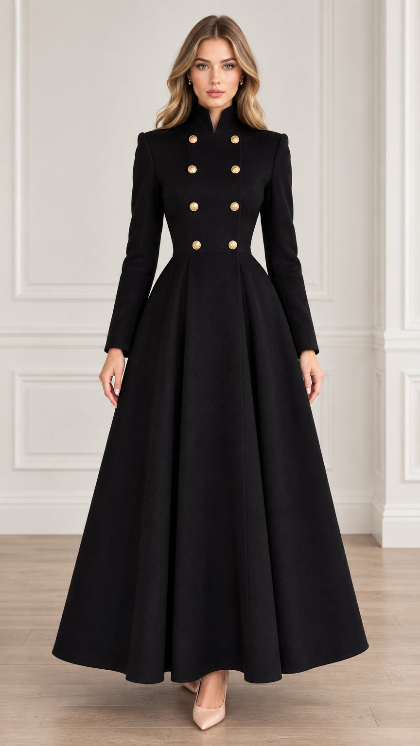 Front view of black double-breasted high neck flared maxi coat with gold buttons