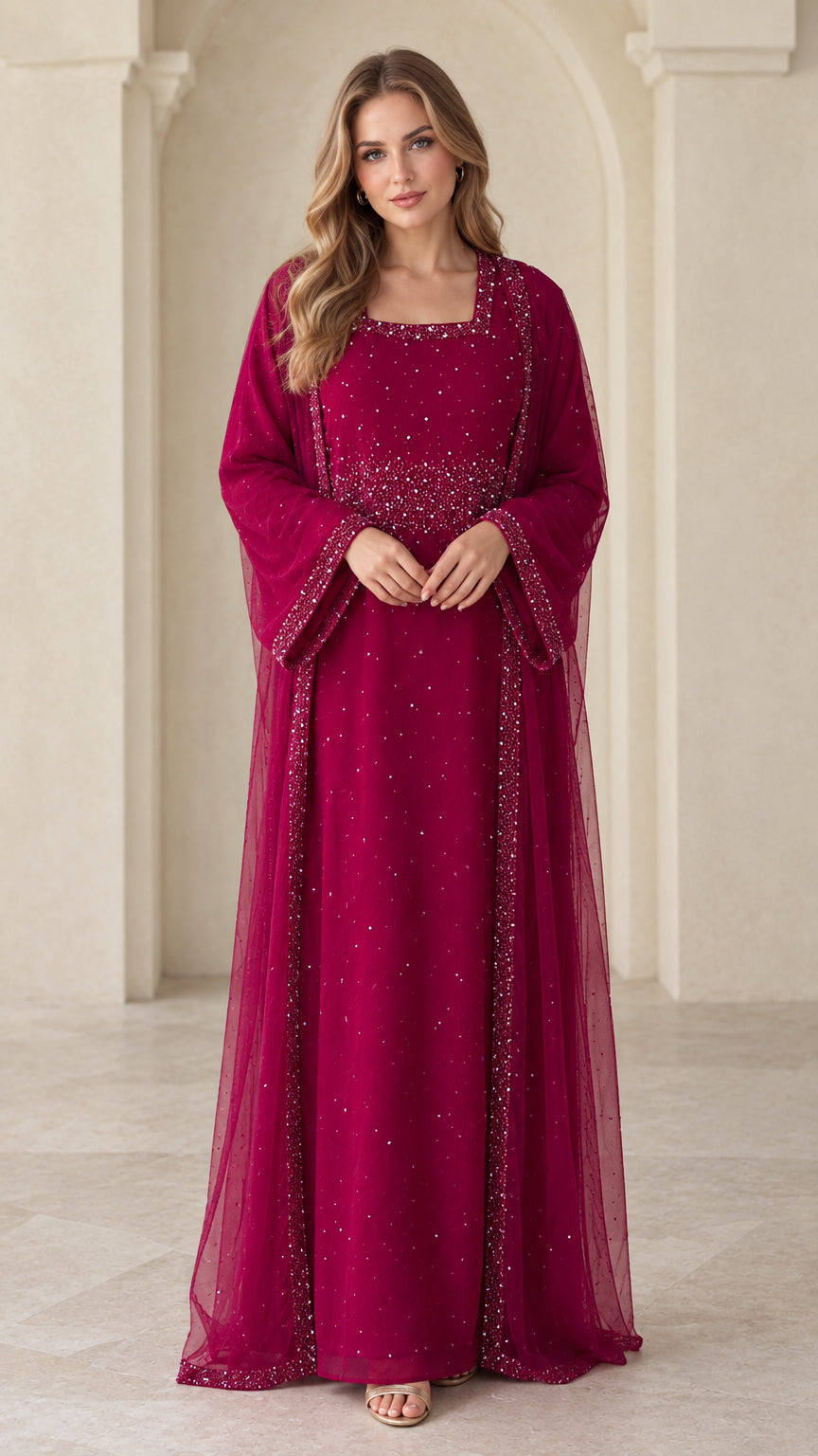Front full-length view of woman wearing berry beaded layered abaya maxi dress
