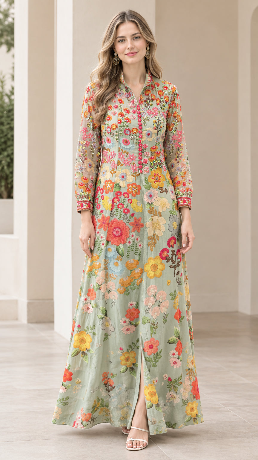 Front full-length view of model wearing sage green floral mandarin collar maxi dress
