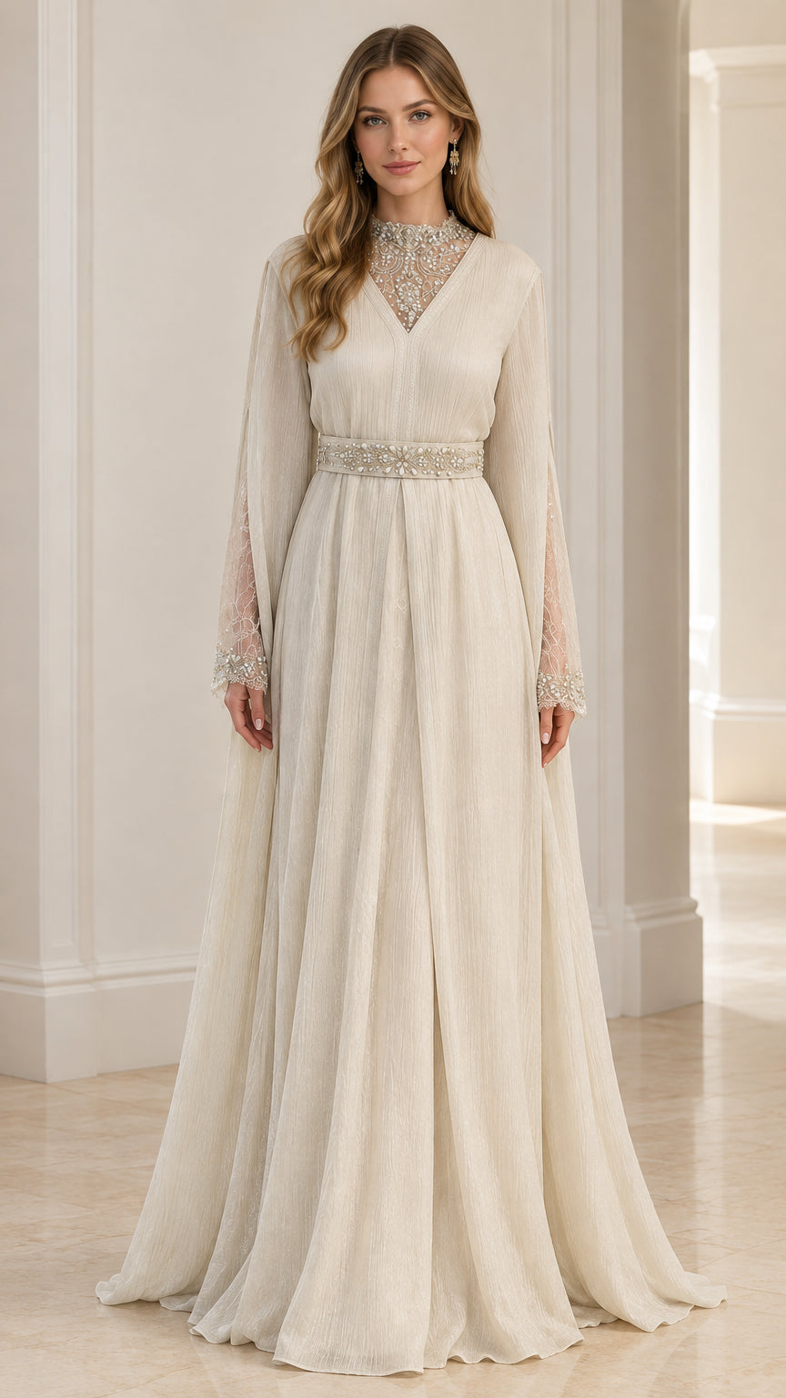 Full-length front view of woman wearing ivory beaded long sleeve evening gown