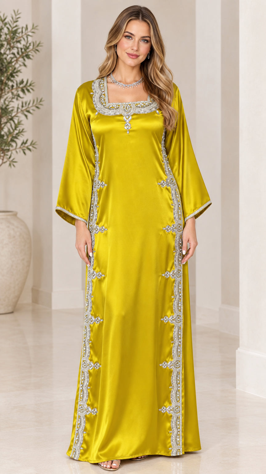 Front view of model wearing chartreuse satin embellished maxi kaftan dress