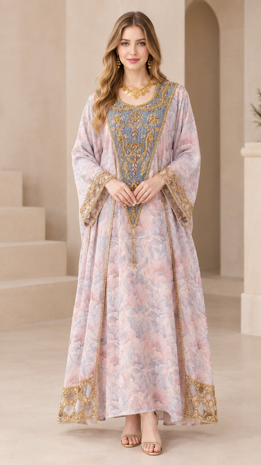 Front view of floral embroidered kaftan maxi dress in dusty pink
