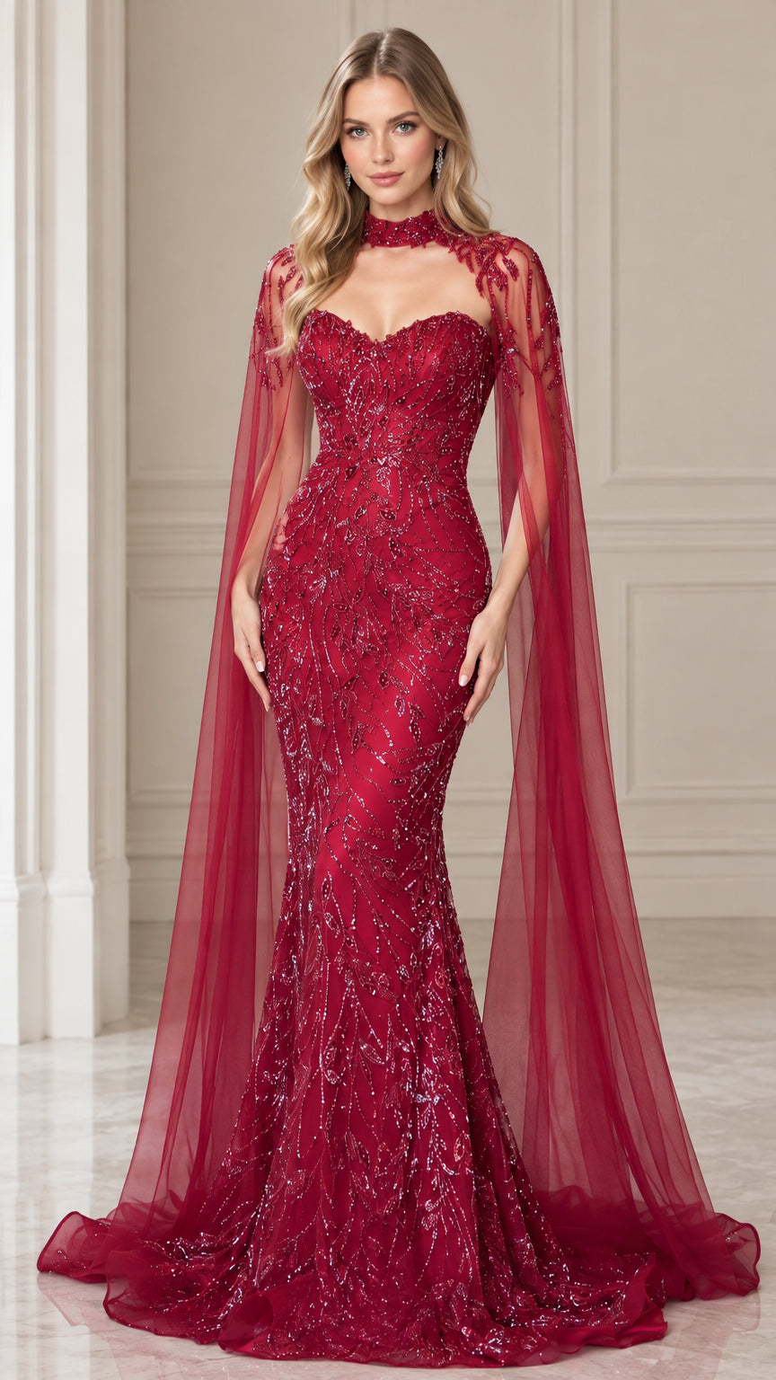 Front view of burgundy sequined mermaid evening gown with matching sheer tulle cape