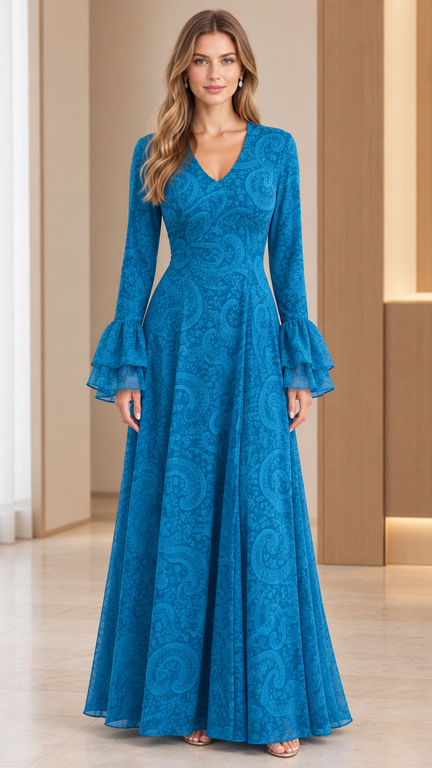 Front full-length view of woman wearing ocean blue jacquard maxi dress with bell sleeves