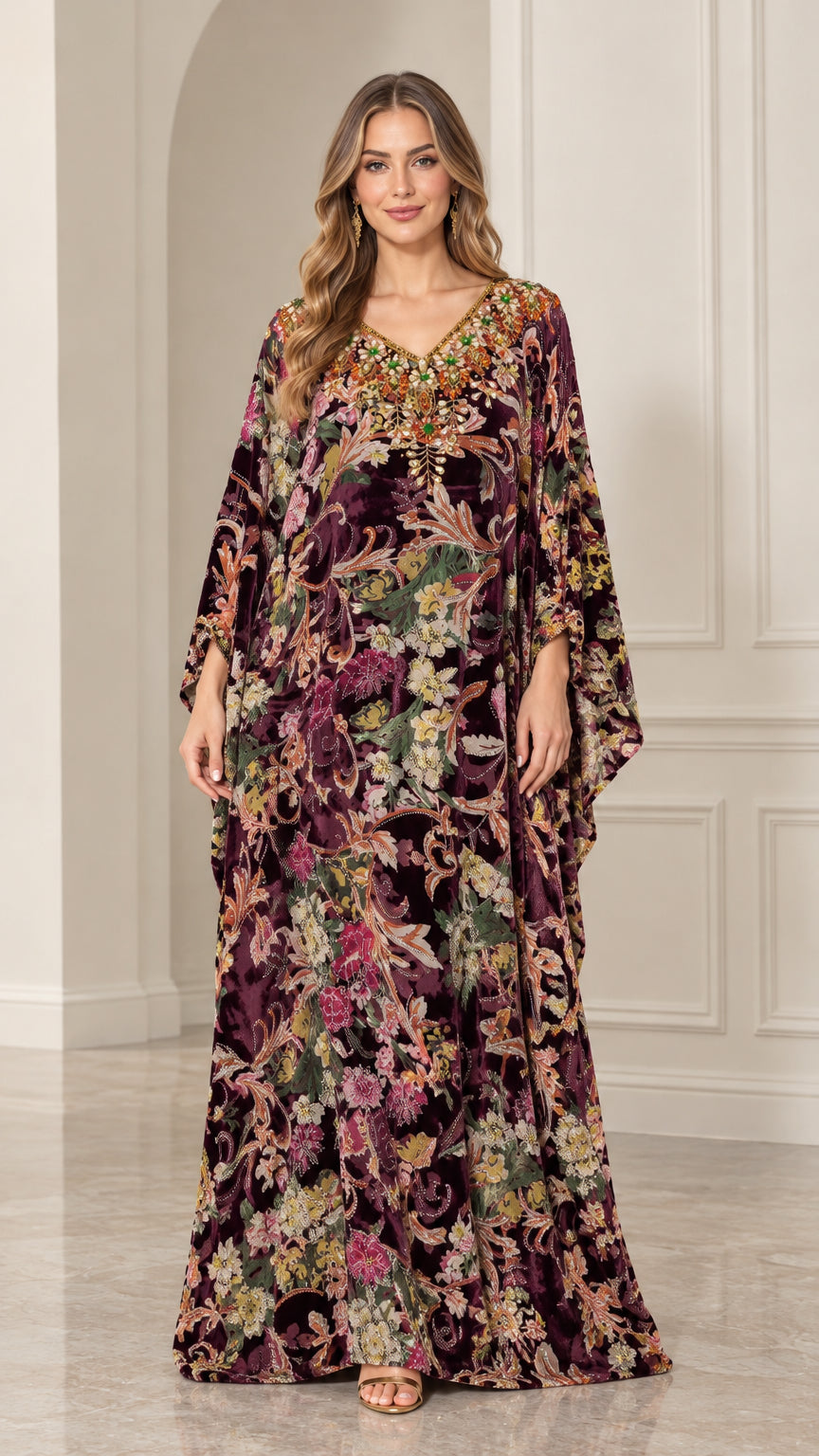 Front full view of woman wearing Plum floral velvet embellished kaftan maxi dress