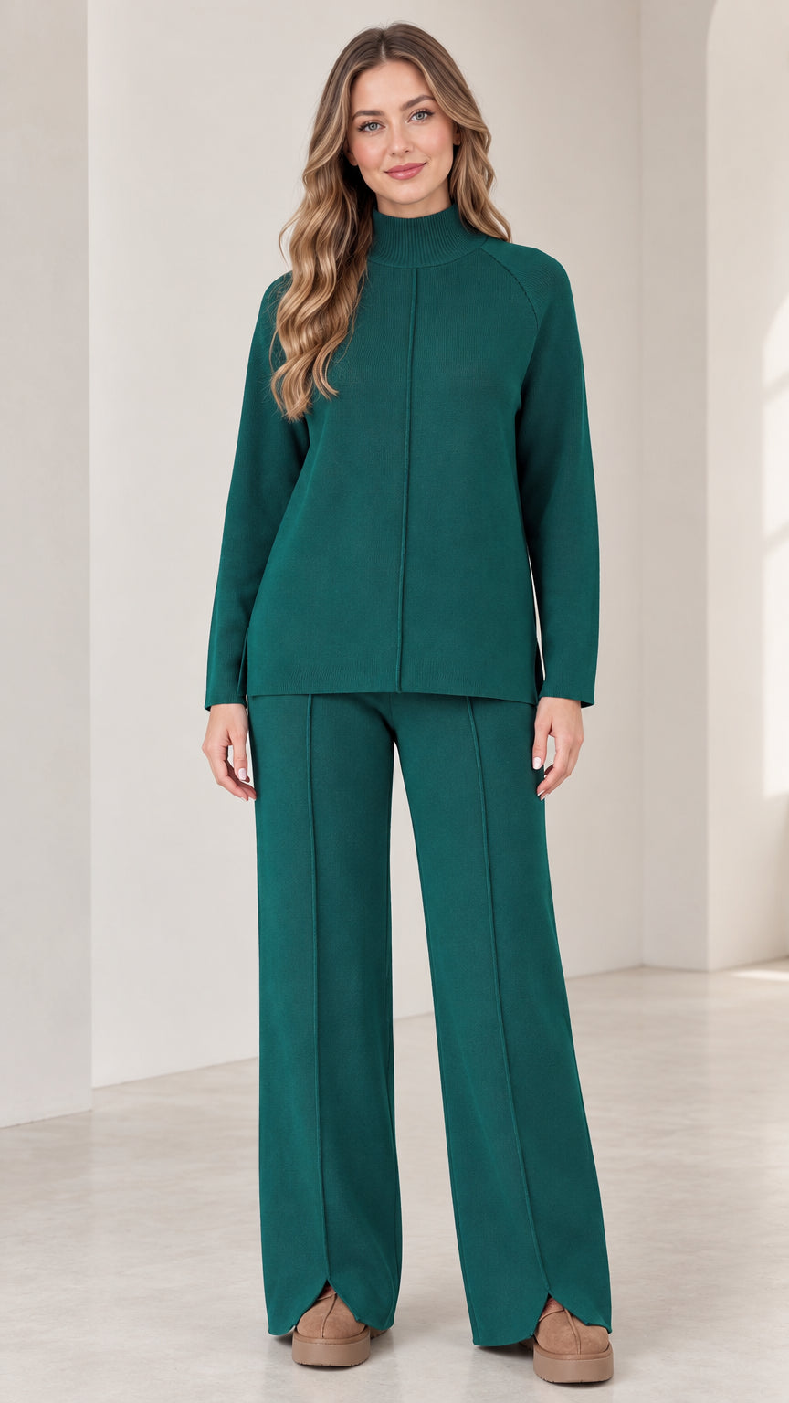 Full front view of model wearing Forest Green mock neck knit sweater and wide leg pants set