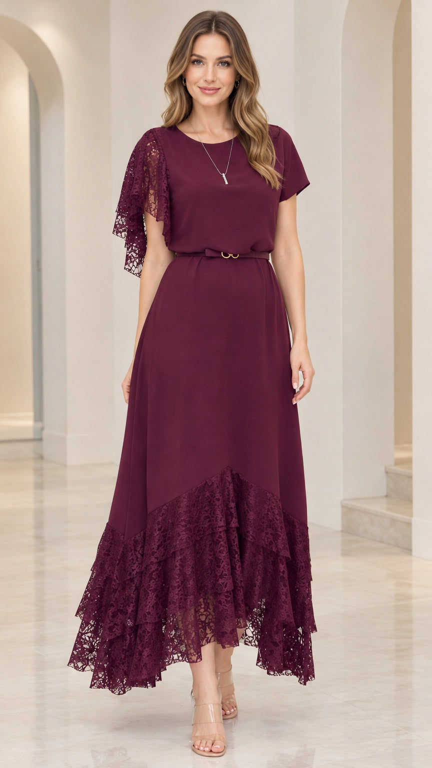 Front full view of burgundy lace patchwork flutter sleeve belted maxi dress