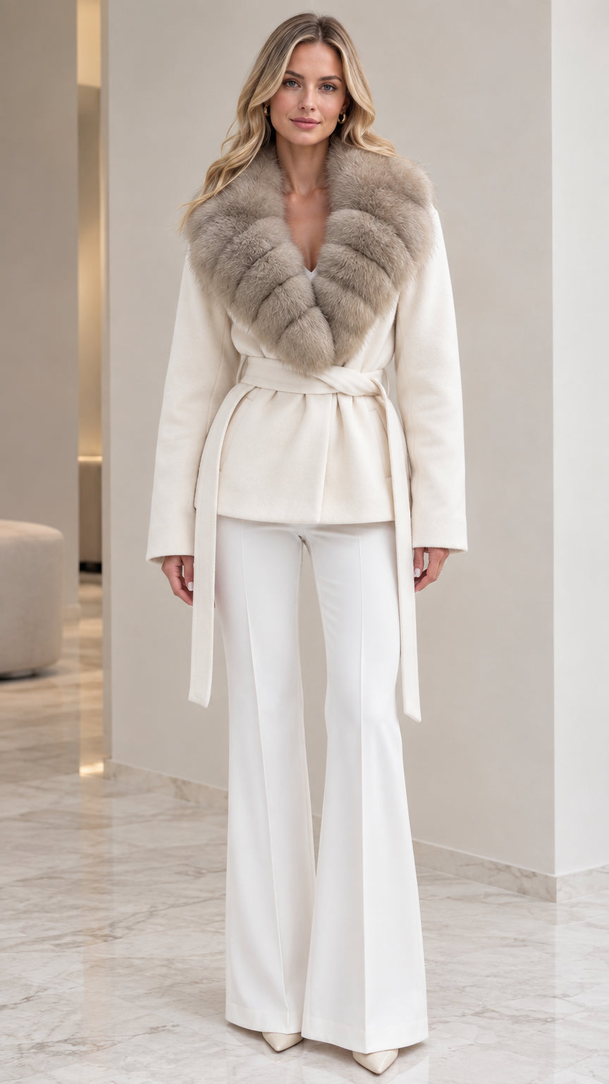 Front view of model wearing ivory belted wrap coat with plush faux fur collar