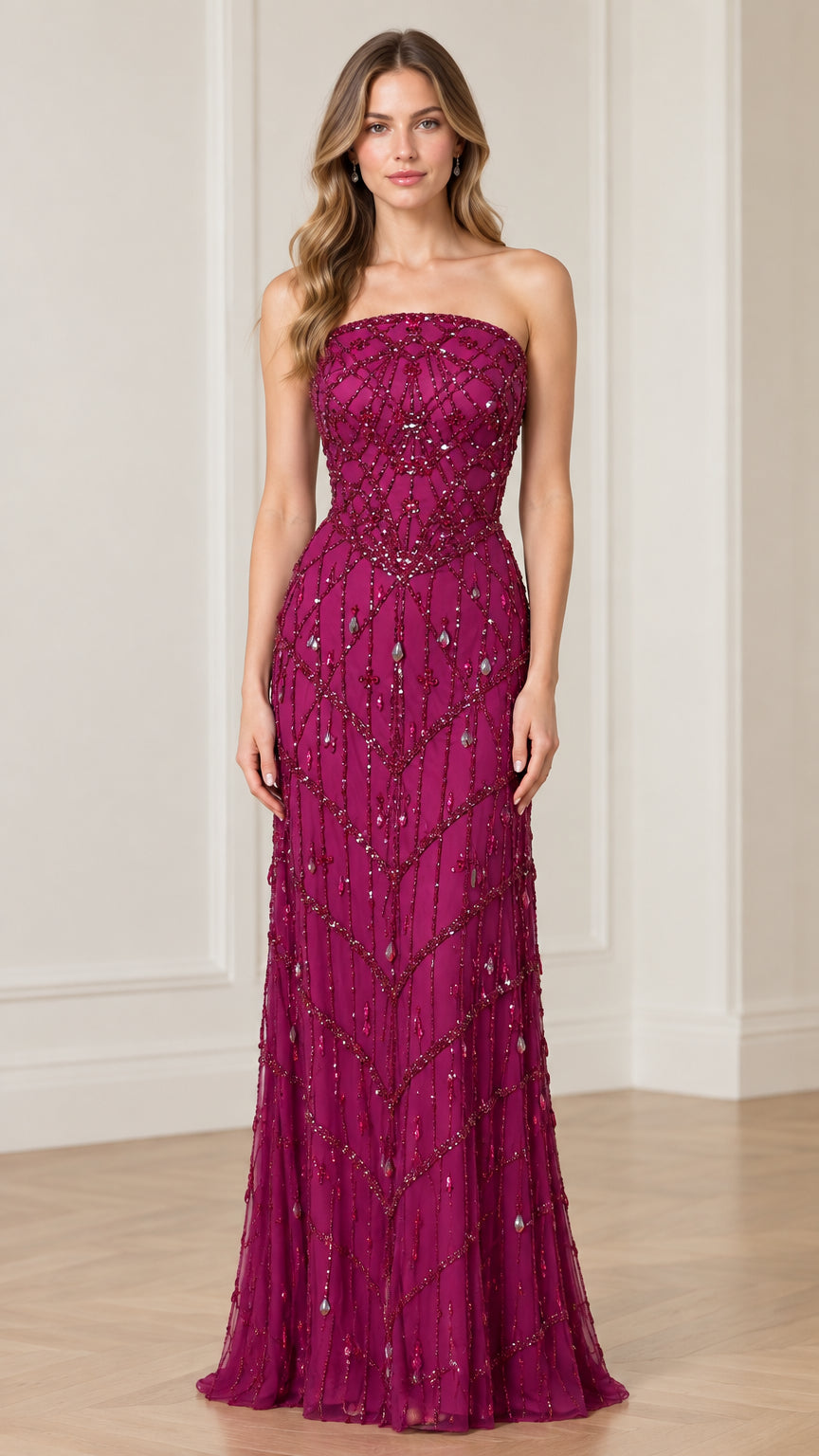 Strapless beaded column evening gown in magenta front view
