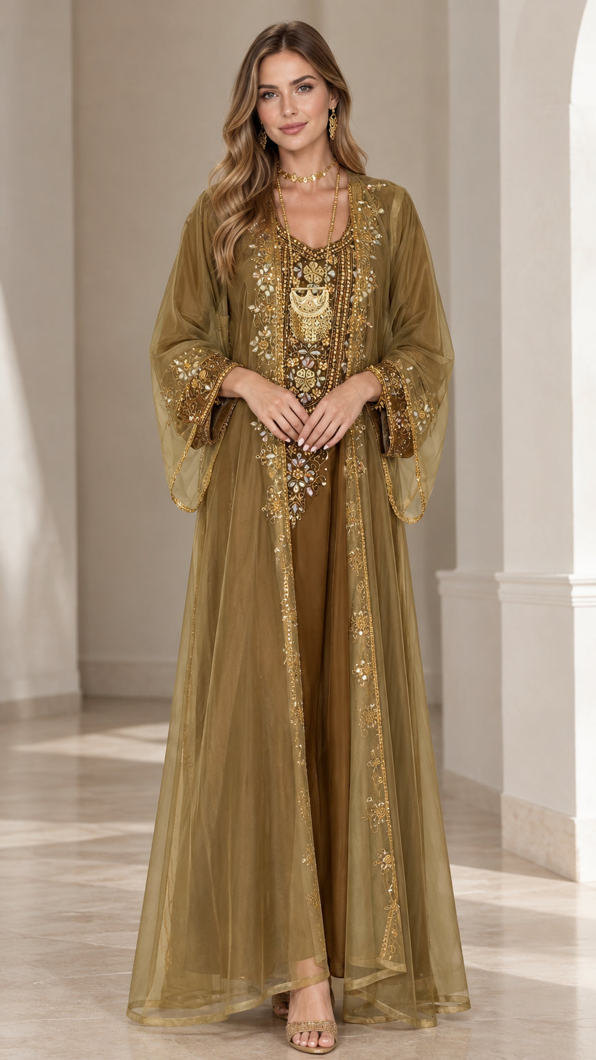 Olive Gold embroidered sheer overlay kaftan abaya maxi dress front view