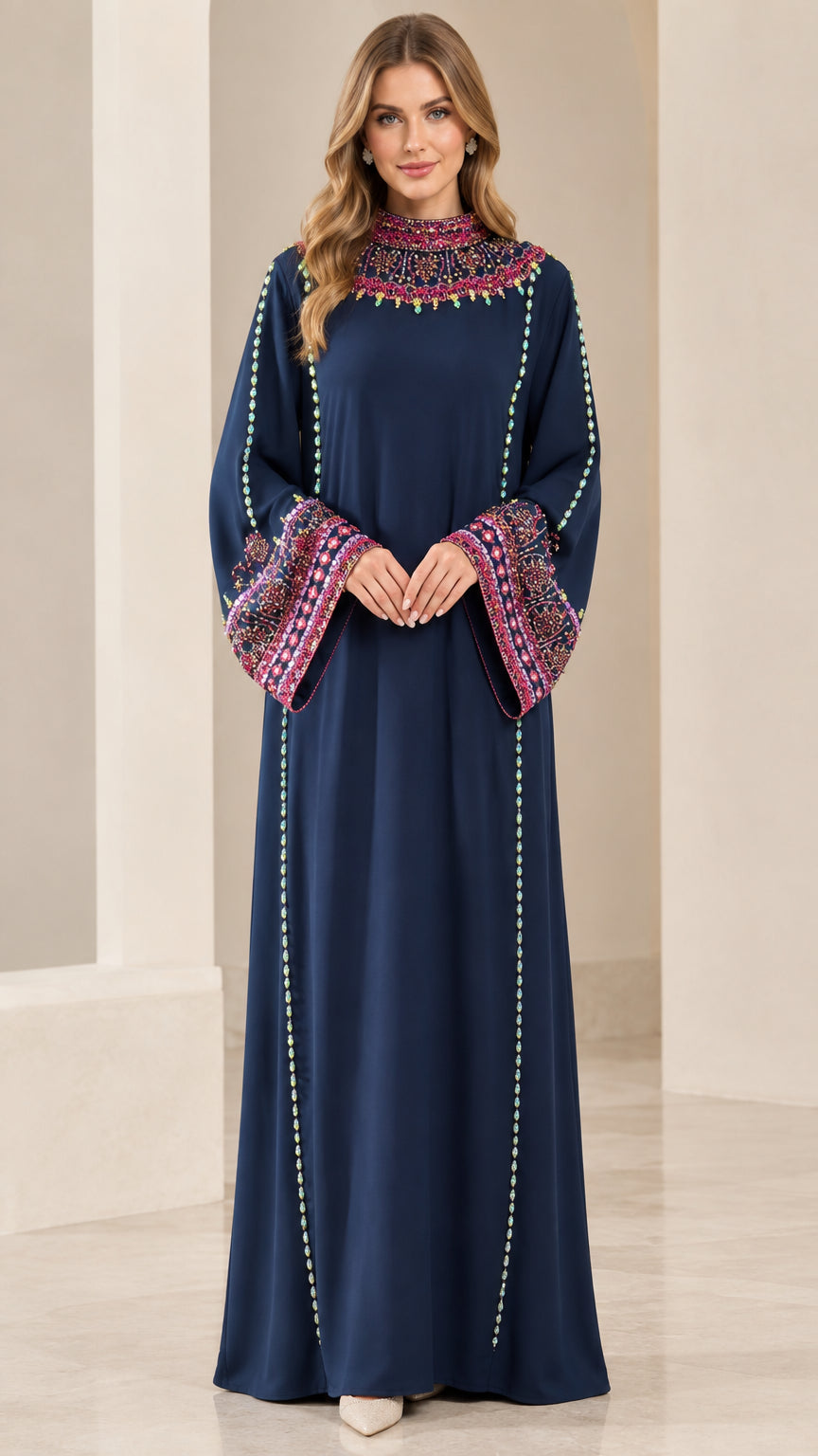 Full front view of model wearing Navy Blue embellished kaftan maxi dress