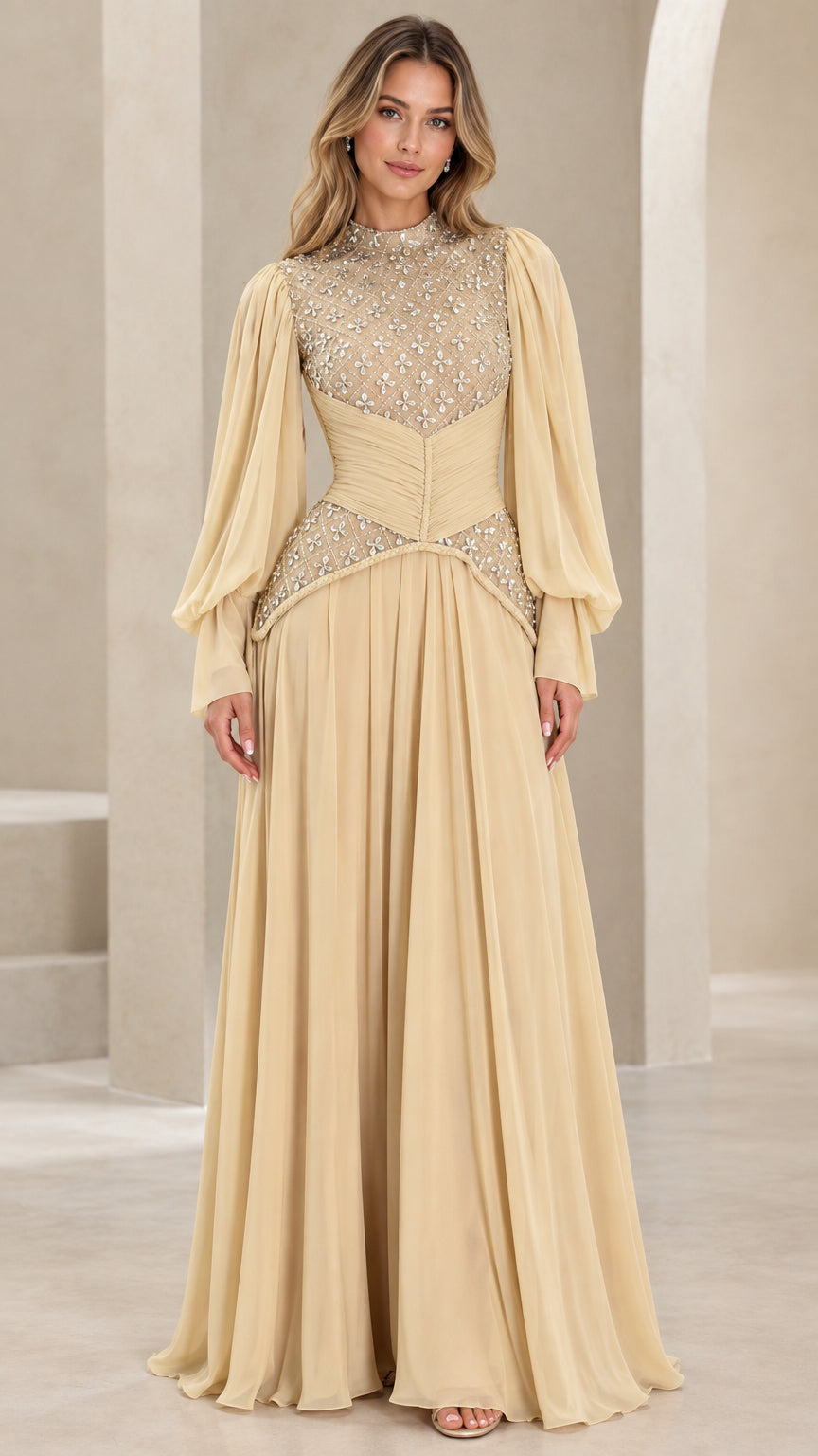 Champagne embellished high neck long sleeve chiffon maxi evening gown front view