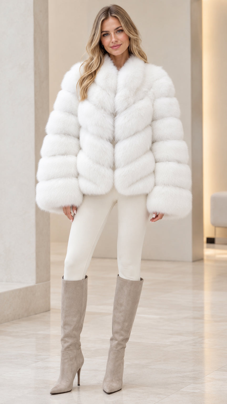 Front full-length view of model wearing white chevron faux fur jacket with tall boots