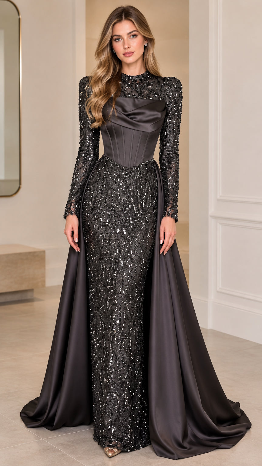 Front view of black sequin long sleeve evening gown with satin corset and sweeping train