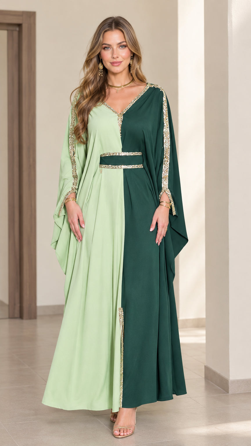 Front full view of two-tone sage and forest green kaftan maxi dress with gold trim