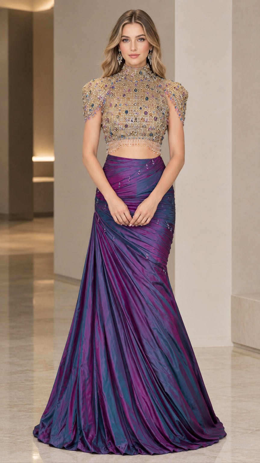 Front view of model wearing royal purple two-piece beaded high-neck mermaid evening gown