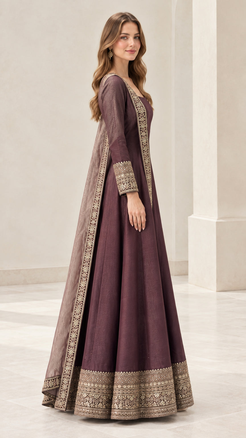 Plum embroidered Anarkali maxi dress side view showing flowing skirt flare