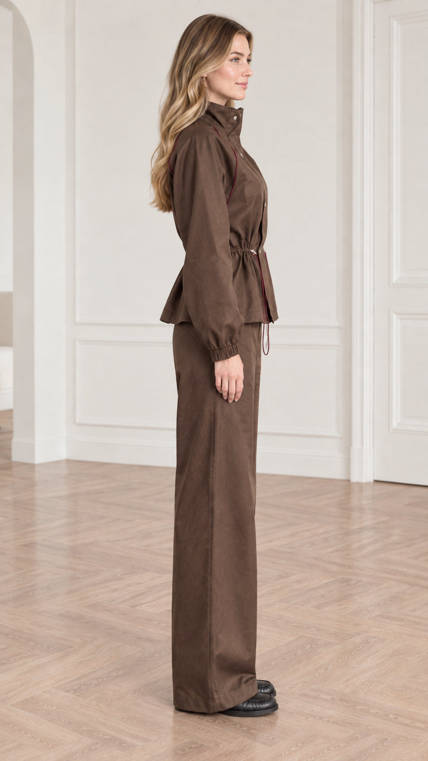Side profile view of woman wearing brown two-piece drawstring utility matching set