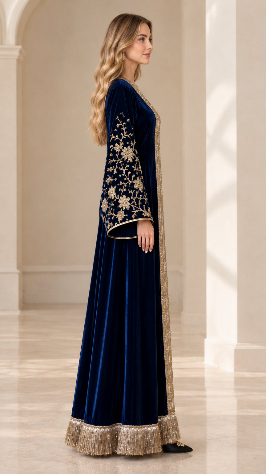 Side profile of navy blue velvet kaftan showing bell sleeves and fringe hem