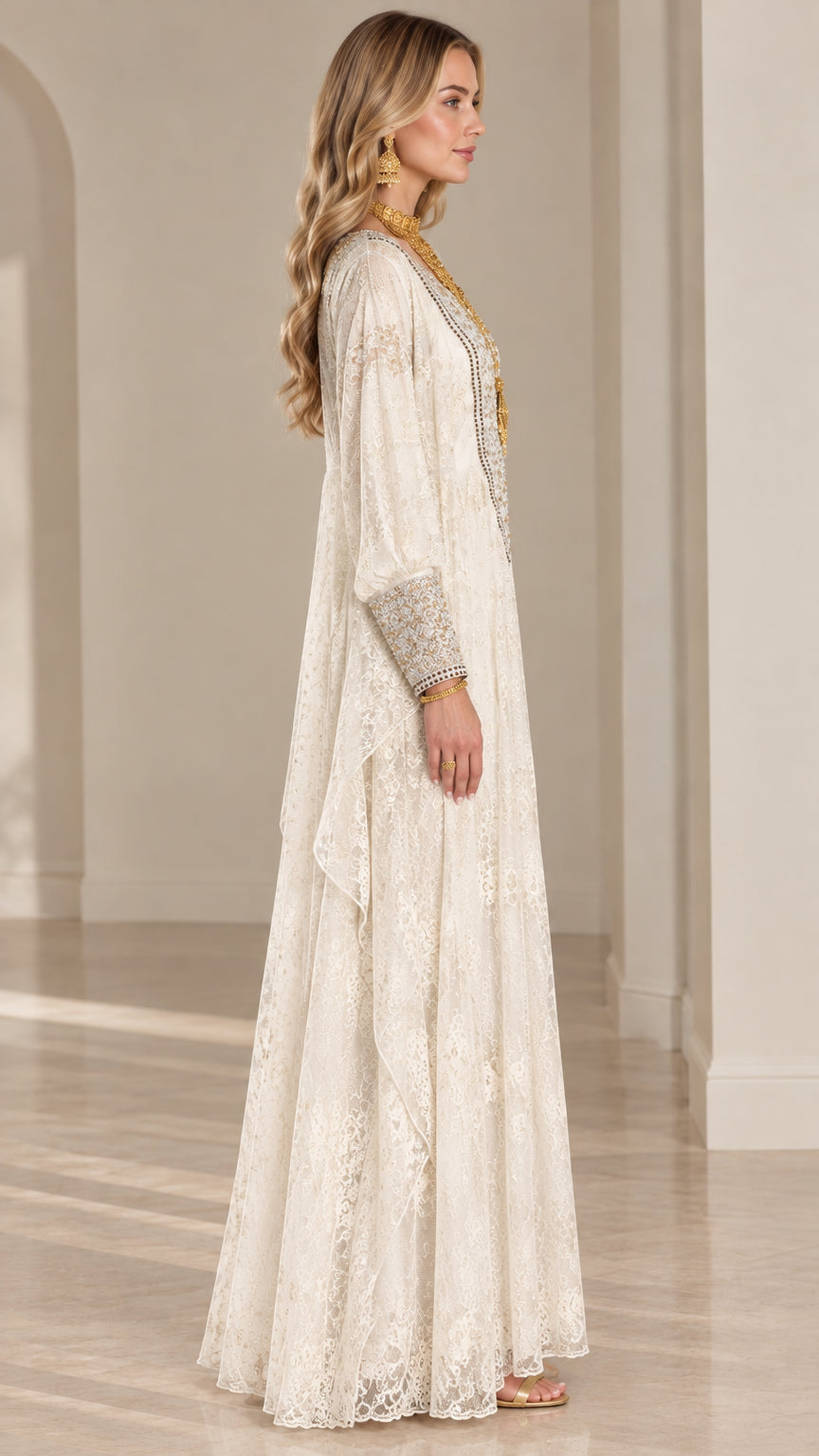 Side angle view of model wearing floor-length ivory lace kaftan dress