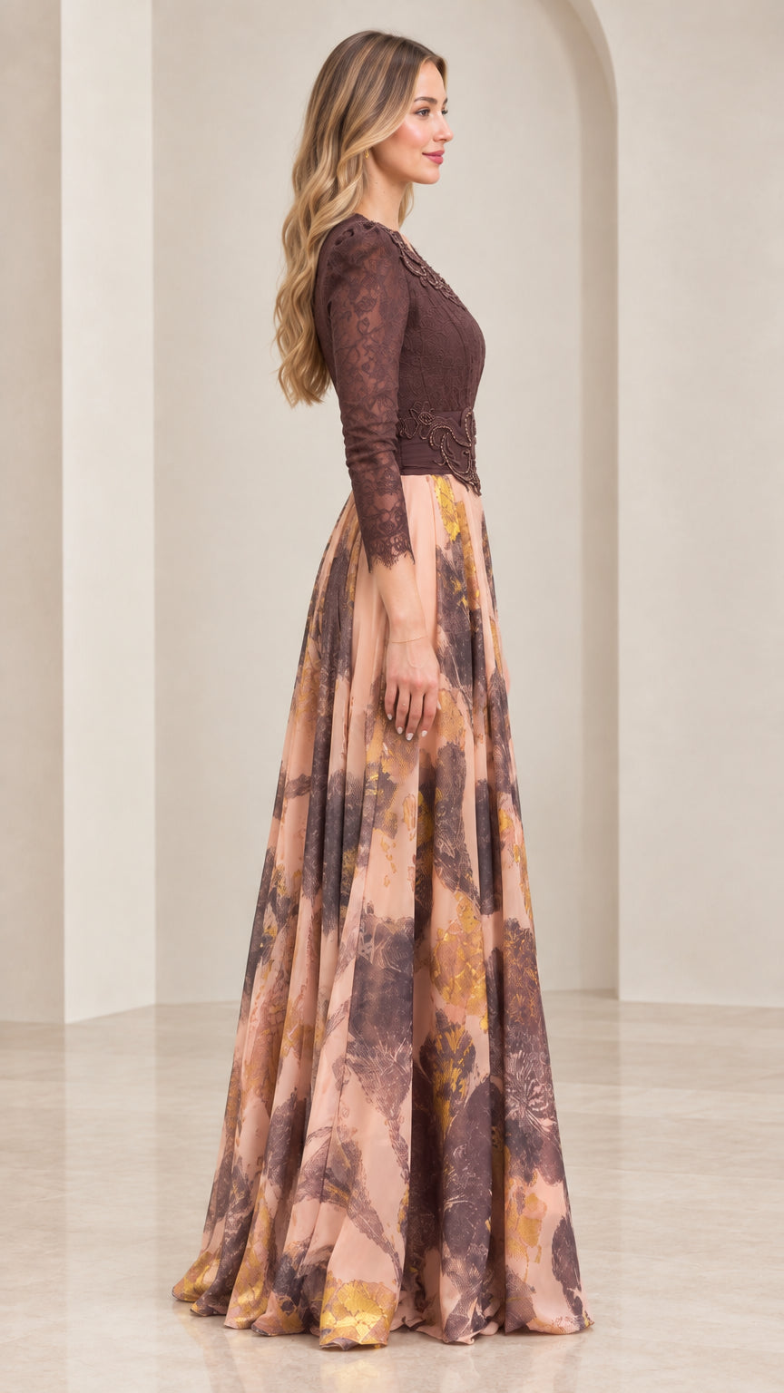 Side profile view of chocolate brown lace evening dress with printed skirt