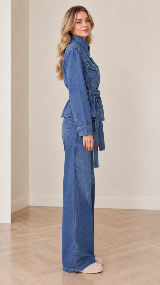 Side profile view of Medium Blue belted denim jacket and wide-leg pants two-piece set