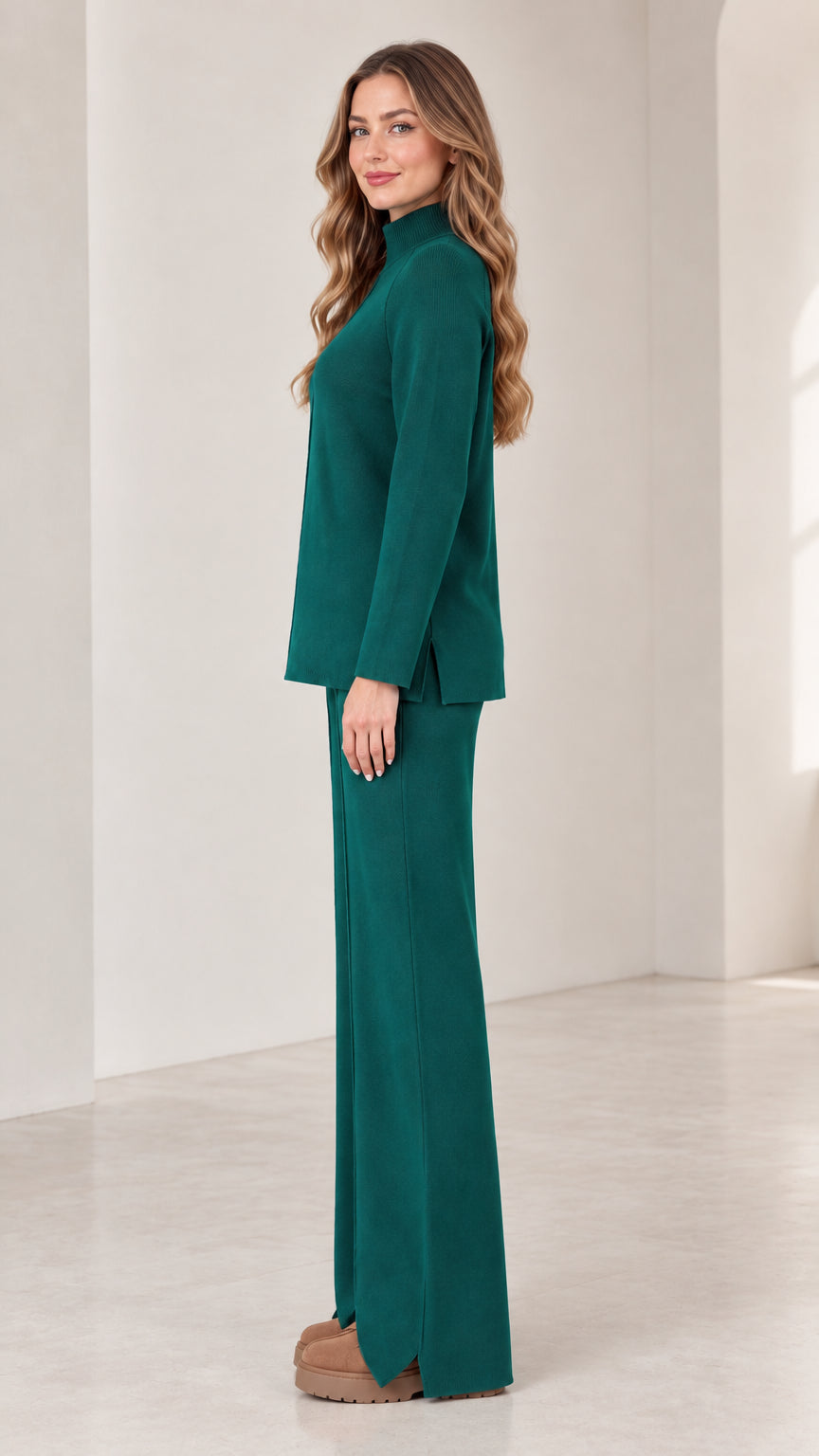 Side profile view of Forest Green two-piece knit matching set