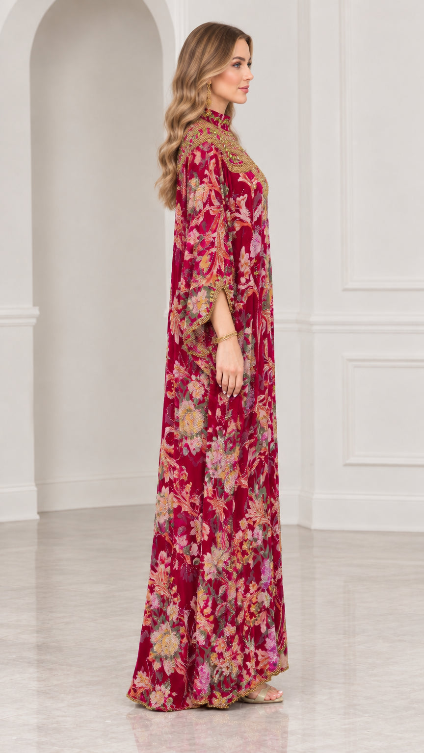 Side angle view of model wearing Berry Red floral print evening kaftan dress
