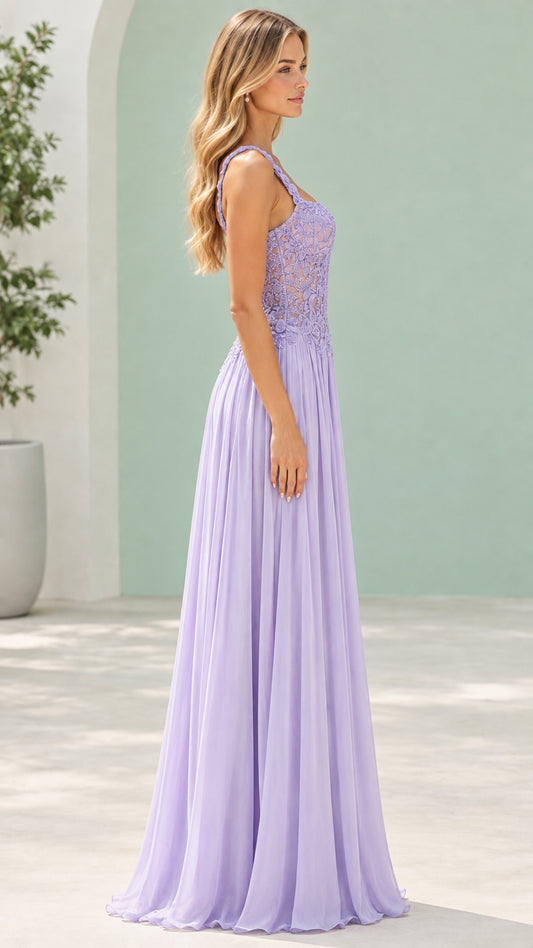 Lavender formal chiffon evening gown side profile view