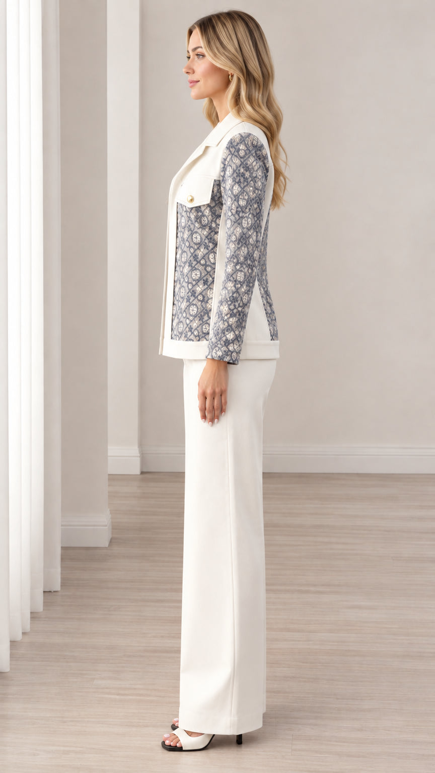 Side view of woman wearing Slate Blue jacquard tailored blazer and wide-leg trousers