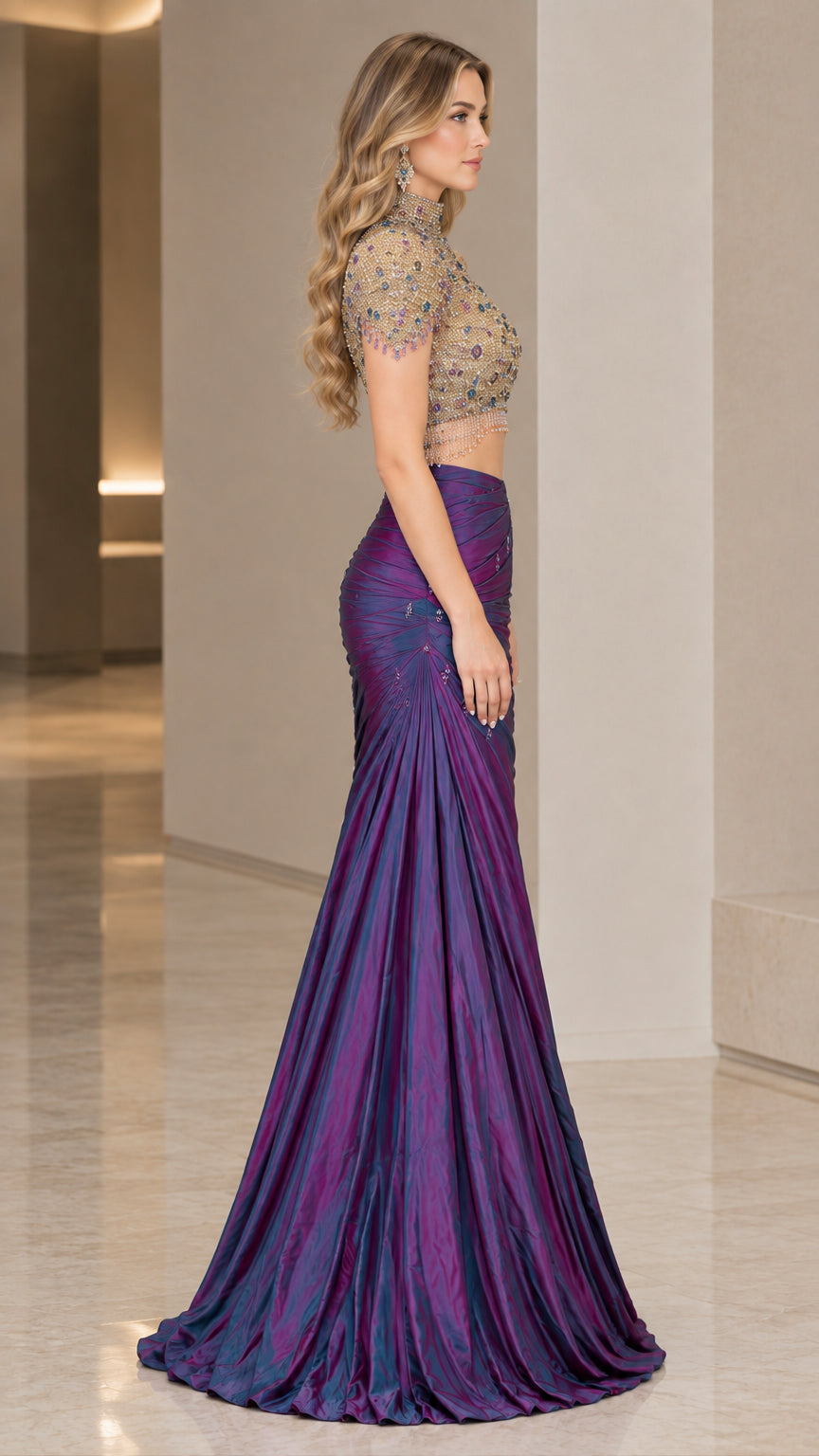 Side profile of royal purple embellished crop top and draped mermaid skirt