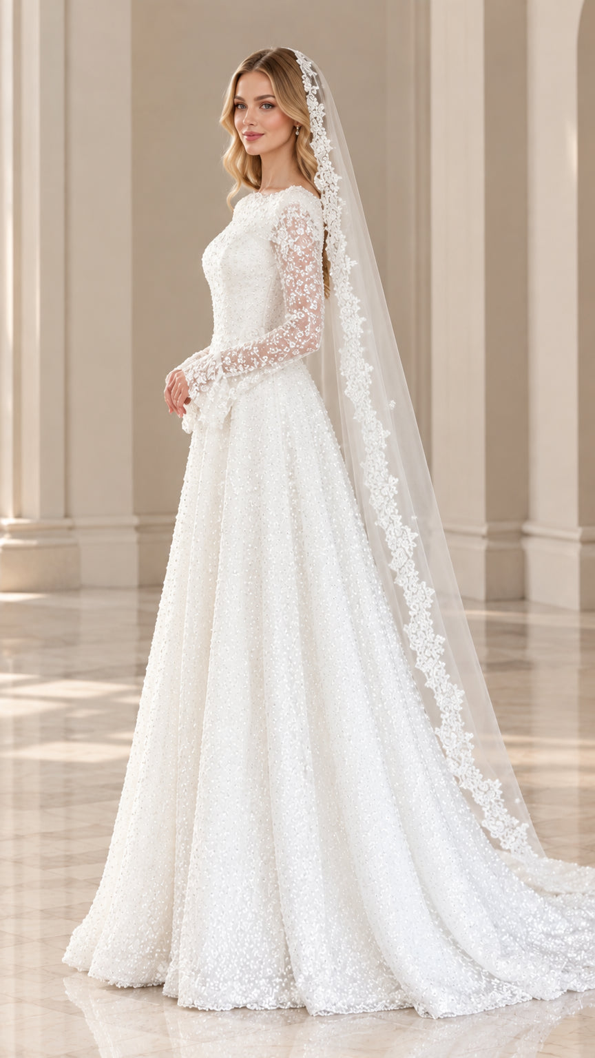 Side profile view of bride wearing white boat neck sequin wedding dress