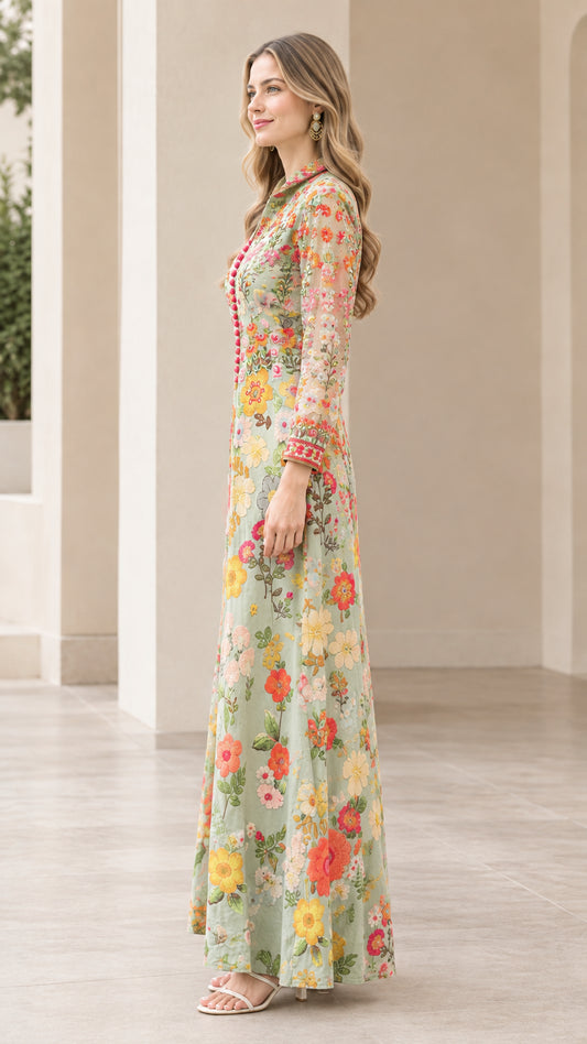 Side profile view of model wearing sage green floral maxi dress