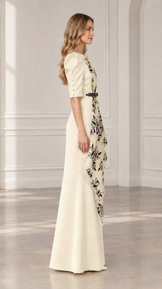 Ivory half sleeve formal dress side view showing draped sash