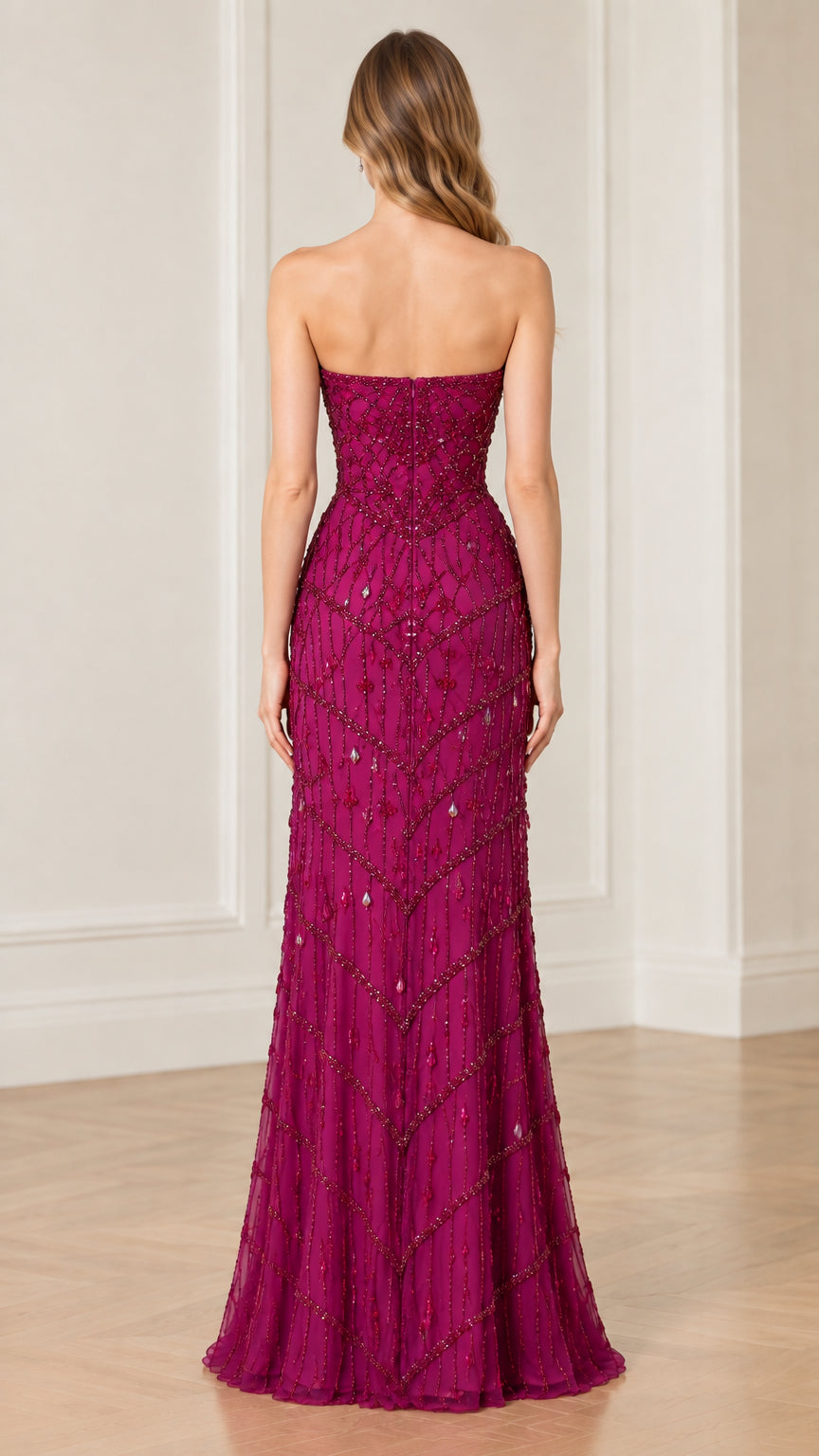 Strapless beaded column evening gown in magenta back view