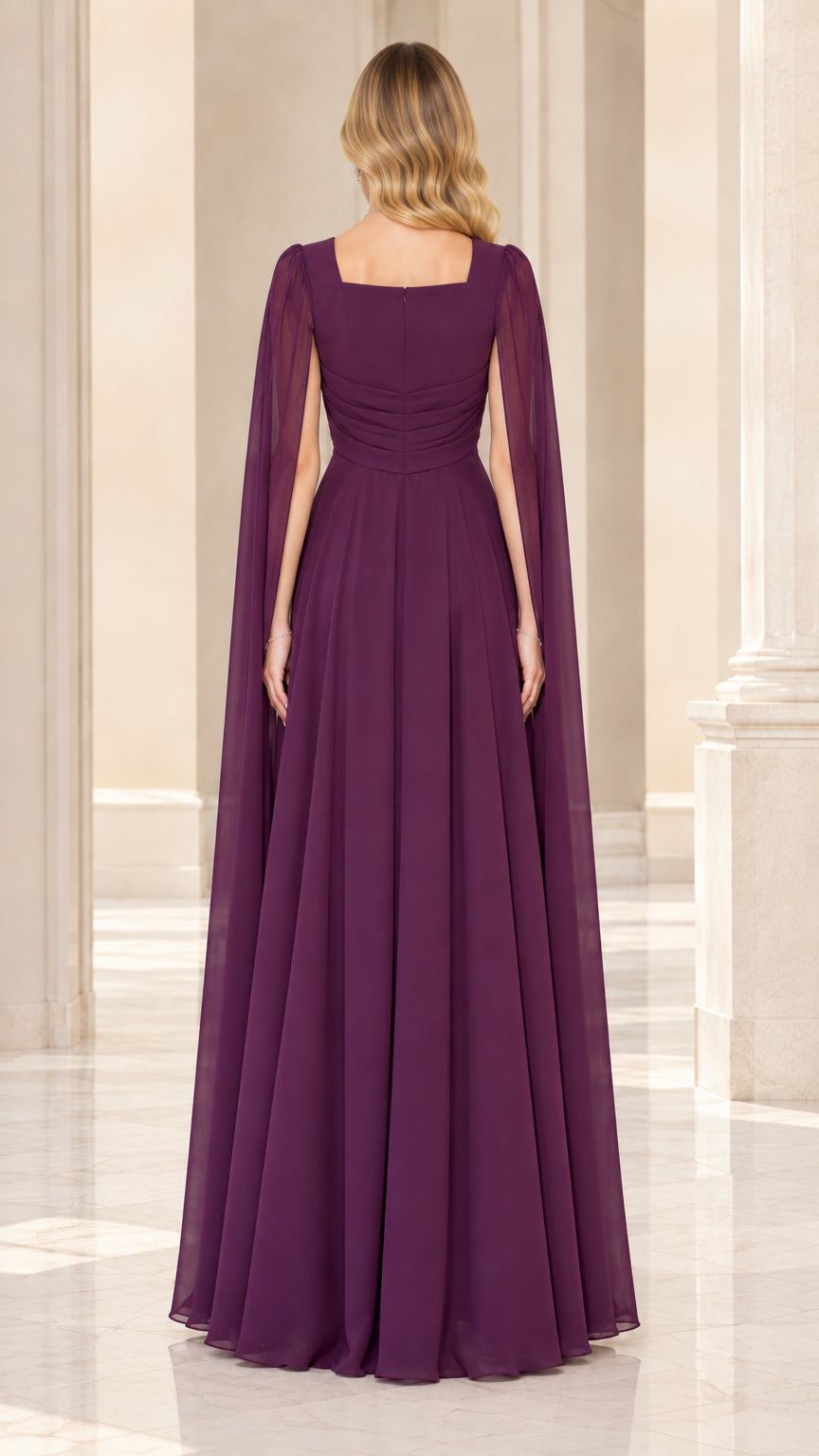 Back view of plum evening gown showing square back and long flowing cape sleeves