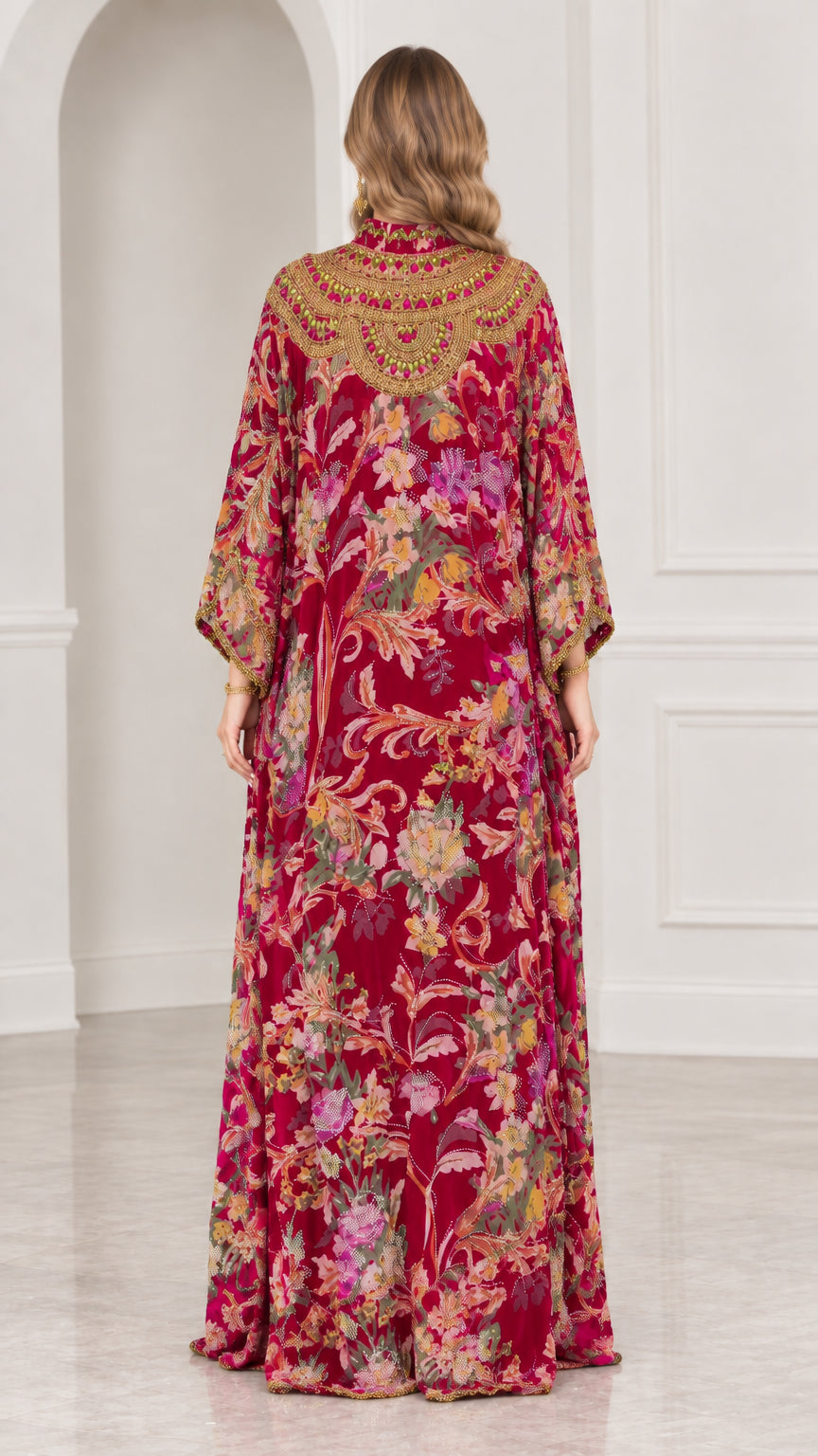 Back view of model wearing Berry Red floral kaftan dress with beaded collar