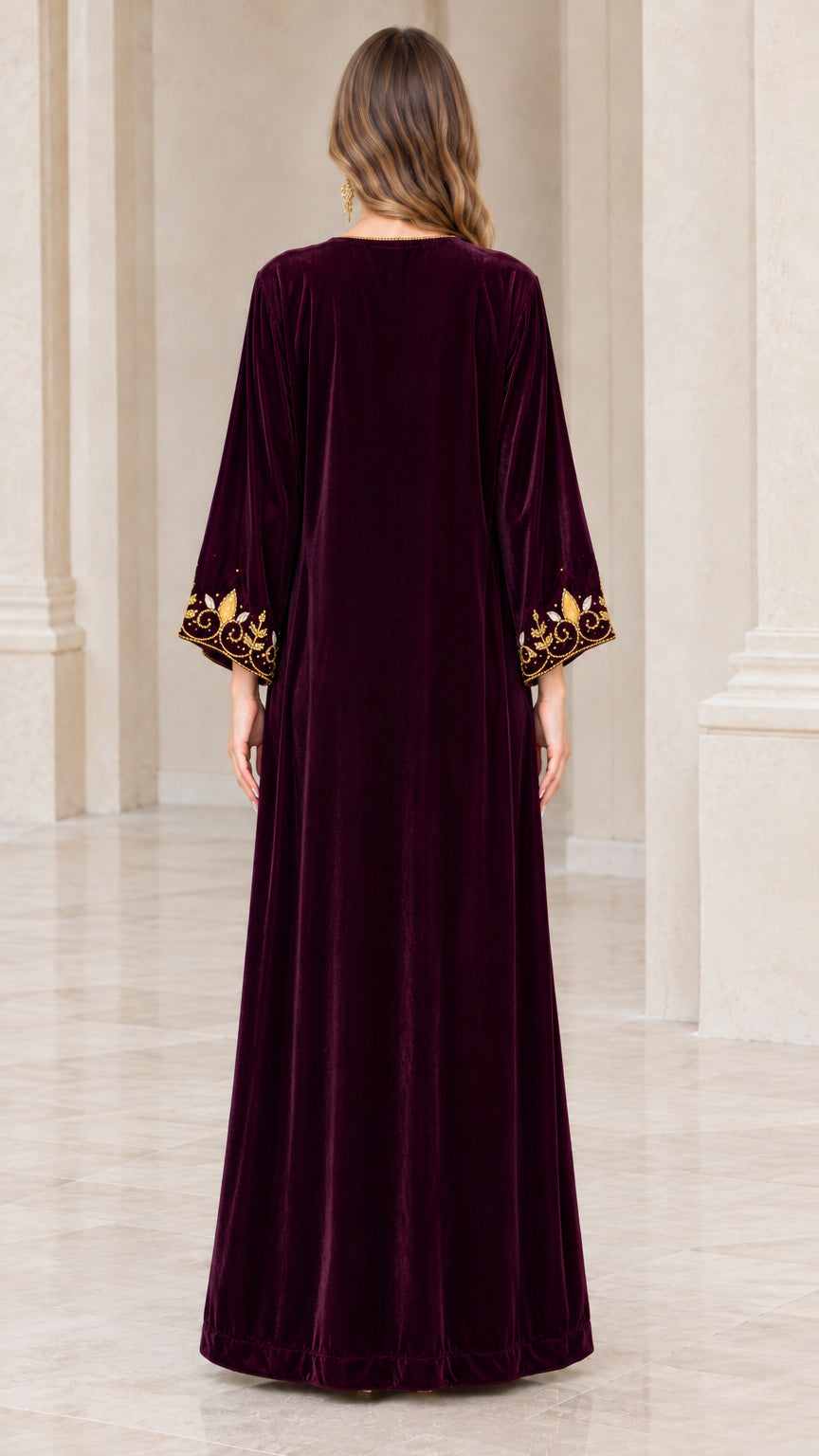 Back view of full-length burgundy velvet kaftan gown