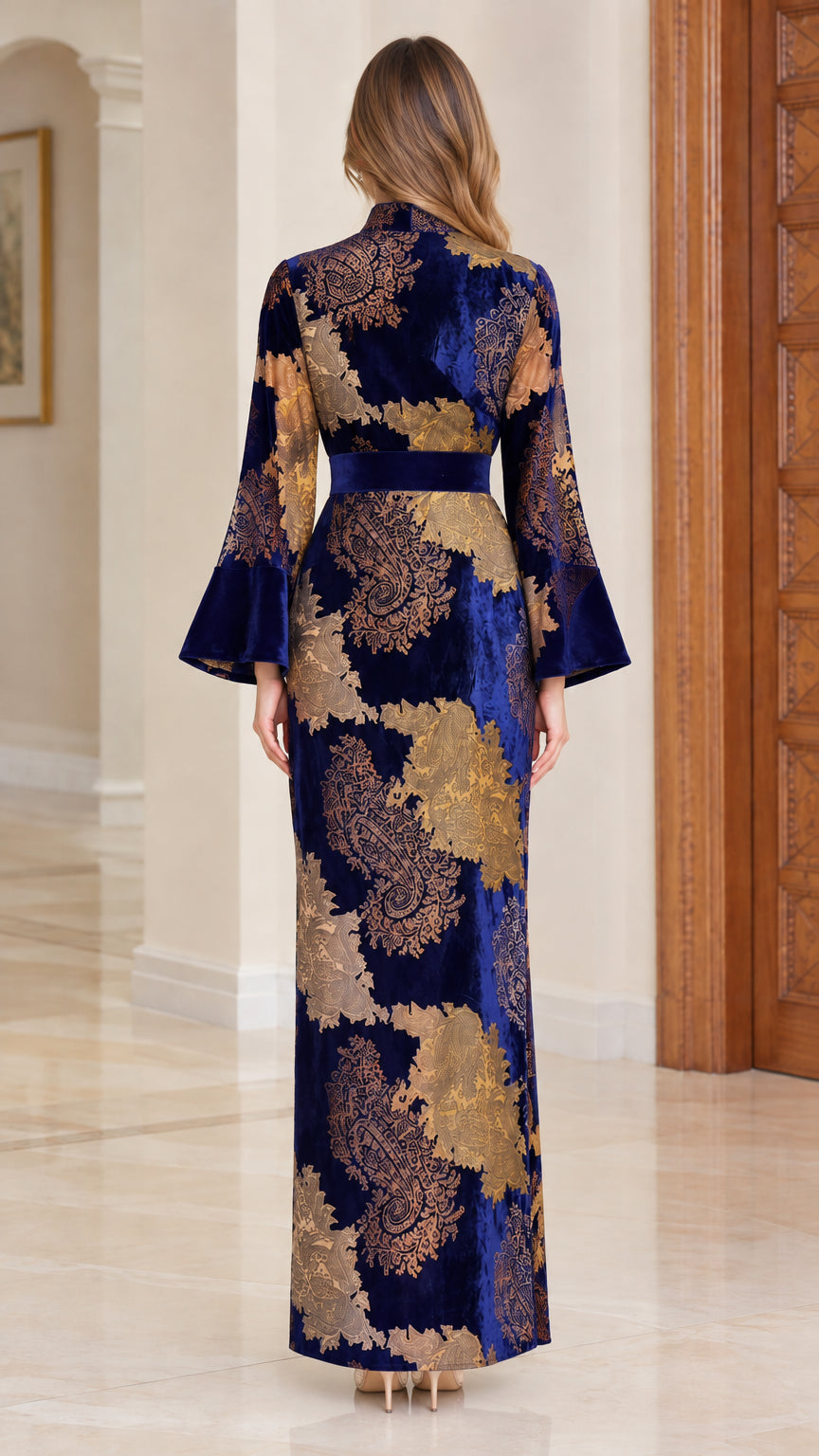 Back full-length view of royal blue floral jacquard velvet maxi dress