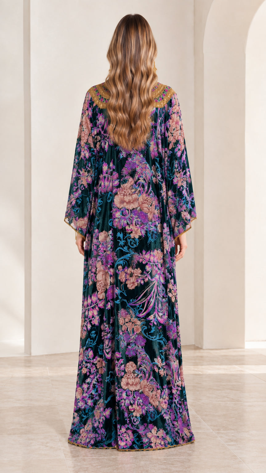 Back view of model in Teal floral velvet full-length kaftan dress