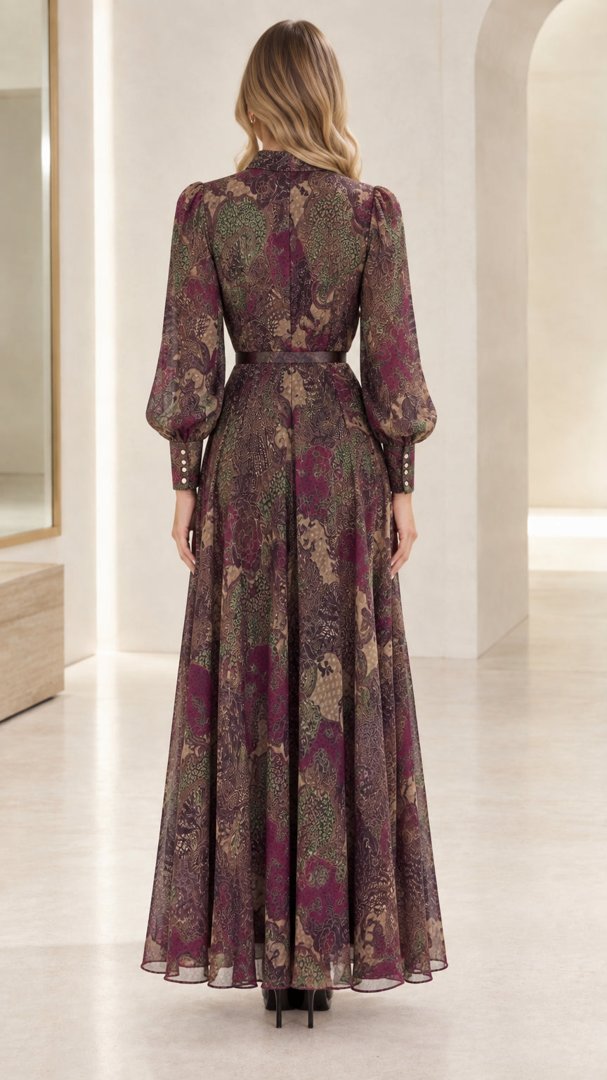 Back view of woman wearing flowing paisley printed maxi dress