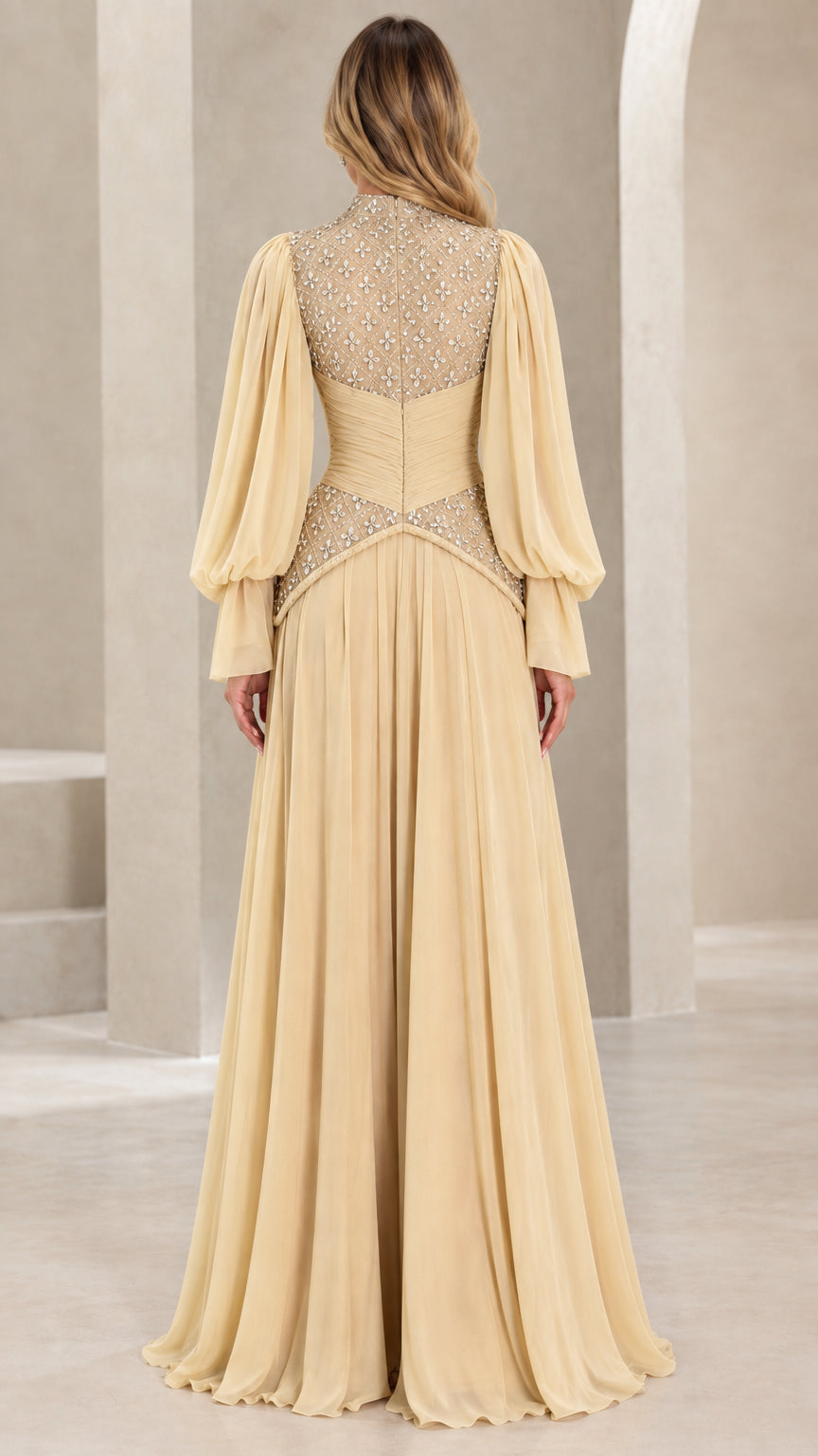 Champagne pleated chiffon evening dress back view