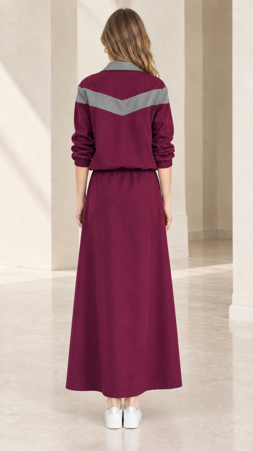 Back view of burgundy two-piece set showing contrast chevron panel