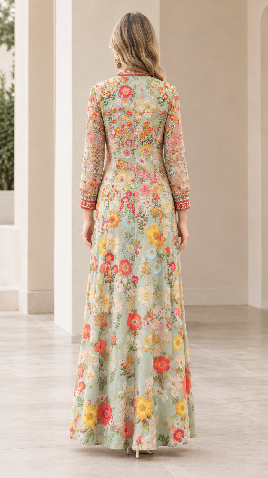 Back full-length view of model wearing sage green floral maxi dress