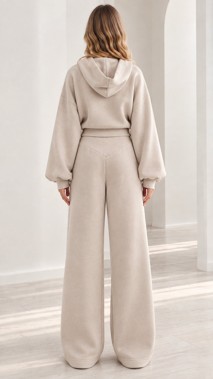 Back view of beige matching hoodie and wide leg pants set