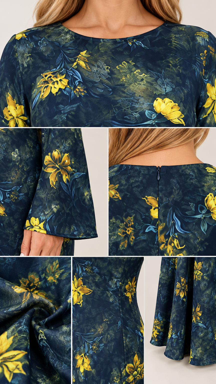 Close-up details of neckline, flare sleeve, back zipper, and floral fabric